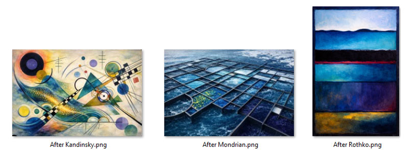 Three distinct abstract artworks inspired by notable artists. From left to right: The first painting, inspired by Kandinsky, features an array of geometric shapes including circles, lines, and arcs on a textured background of swirling blue and yellow tones. The composition is vibrant, with overlapping shapes and a balance of warm and cool colours.  The second painting, inspired by Mondrian, showcases a grid-like pattern with varying shades of blue and white. The third painting, on the right, recalling Rothko’s style, presents a series of horizontal layers with deep and rich hues of blue, purple, and orange. The colours bled seamlessly, creating a gradient effect.